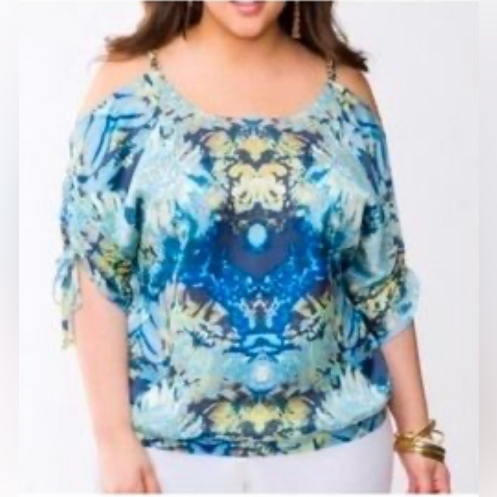 NWT Lane Bryant Cold Shoulder Chain Strap Silky Blouse Womens Size 14